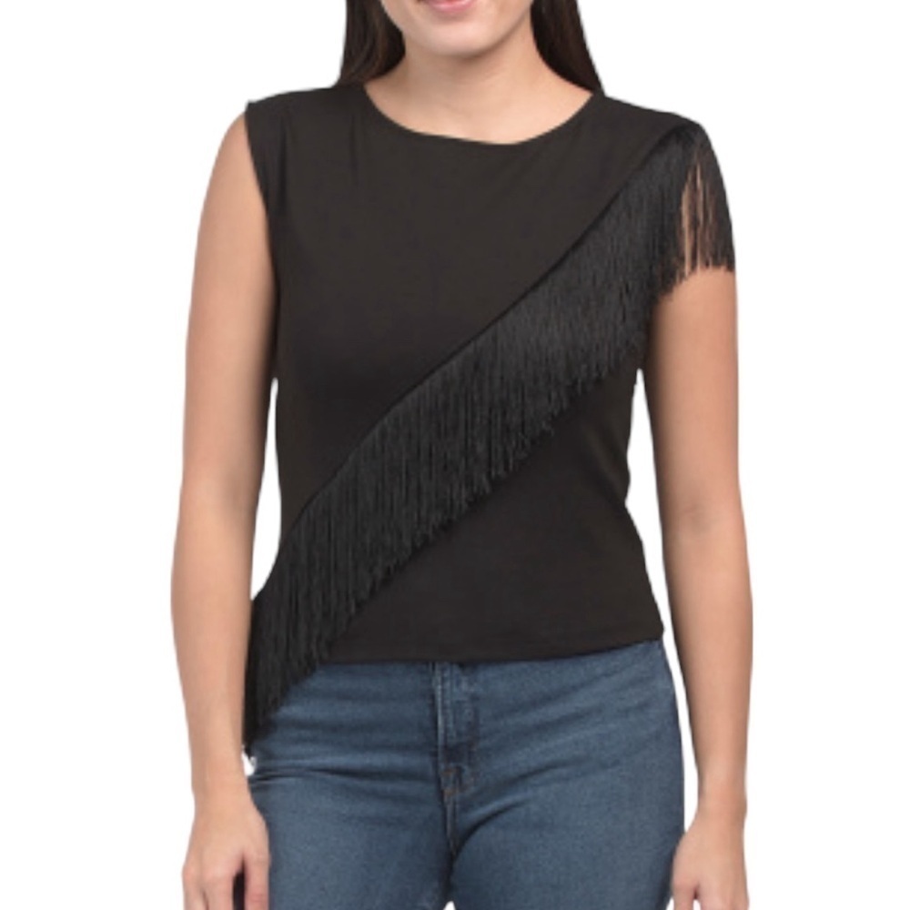 NWT W5 Women's Diagonal Crossbody Fringe Detail Top Sleeveless Black Size L